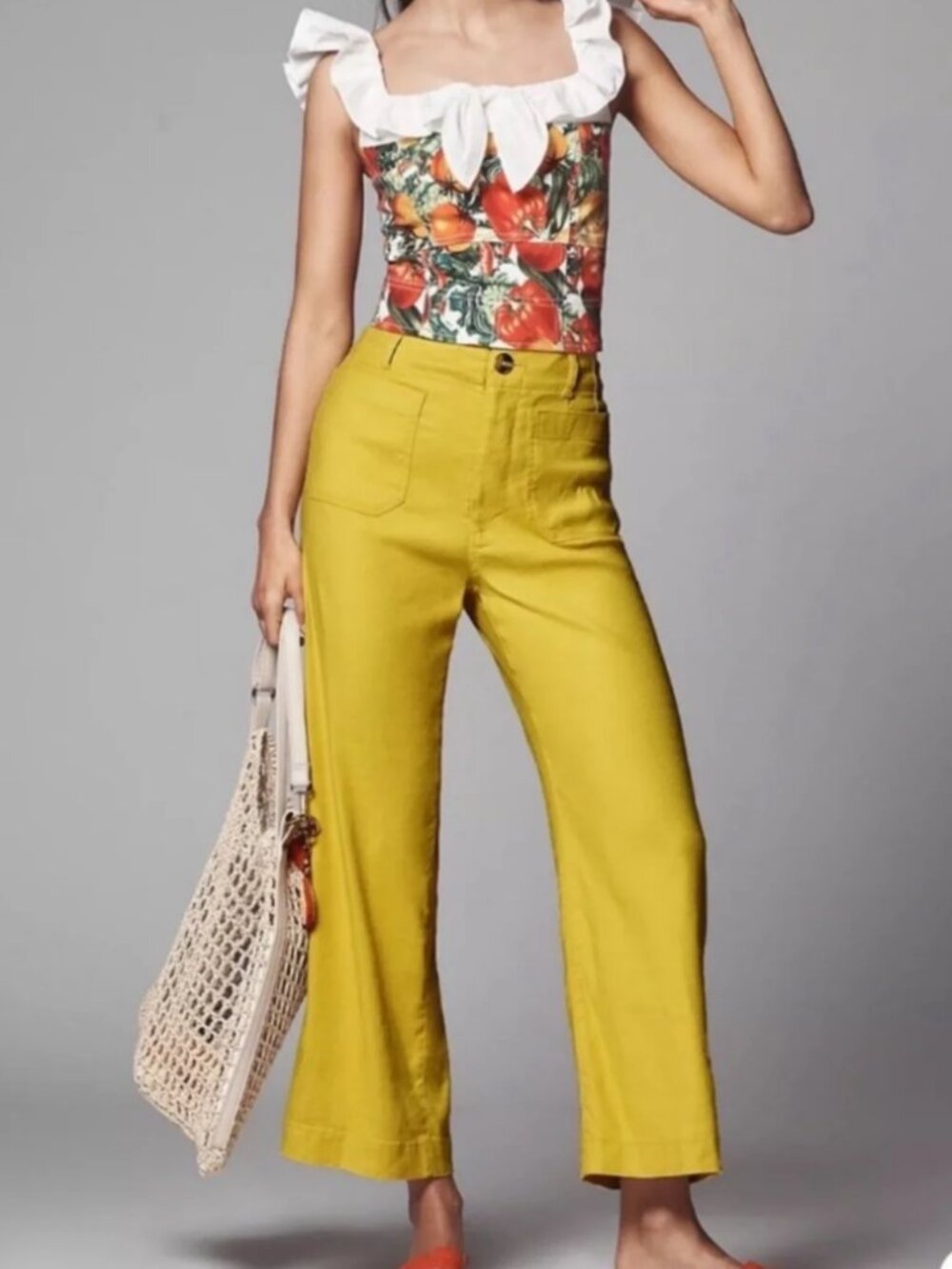 Maeve Colette Linen Stretch High-Rise Wide-Leg Pants 33 Chartreuse Yellow Green